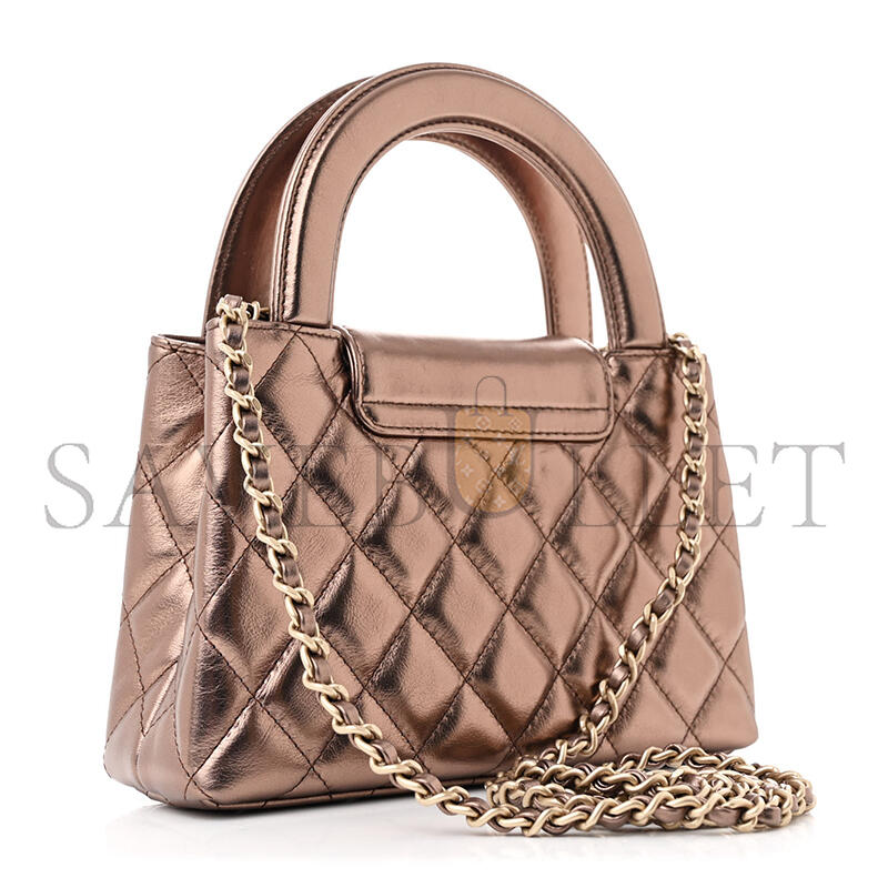 Ch*el metallic aged calfskin quilted nano kelly shopper light brown (19*13*7cm)